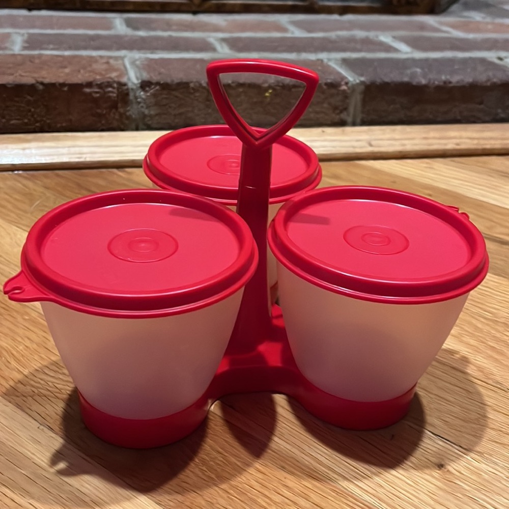 Vintage Tupperware - Condiment Caddy With Lids.  Red & White/Clear Retro